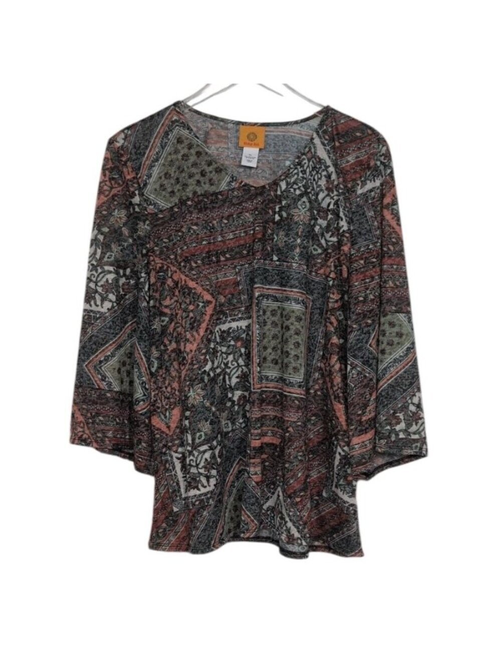 Ruby Rd Patchwork Floral Shirt Womens Size XL Green Burnout Sheer V Neck